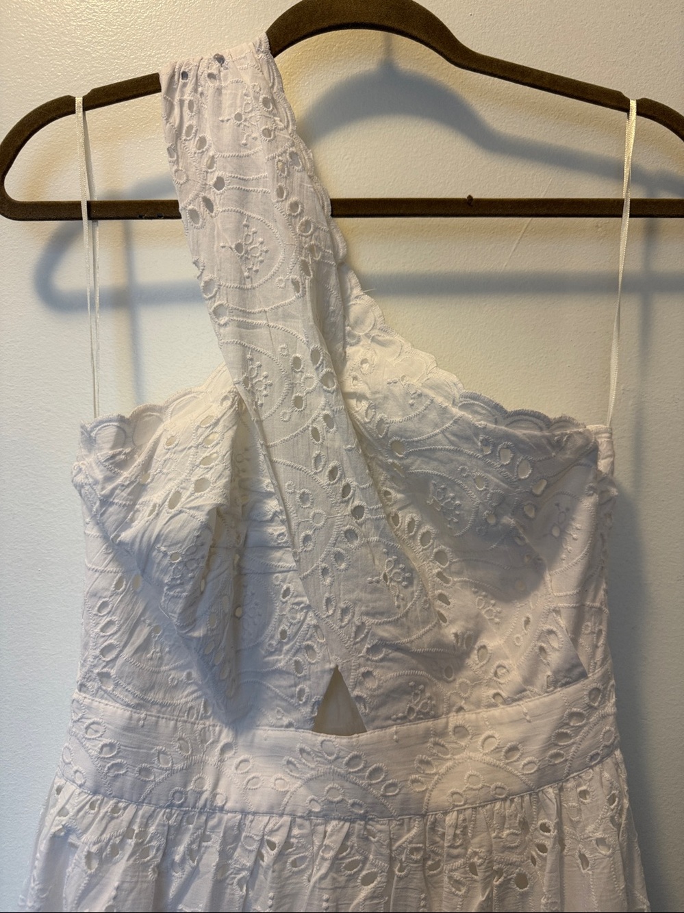 French Connection White One-Shoulder Eyelet Midi Dress